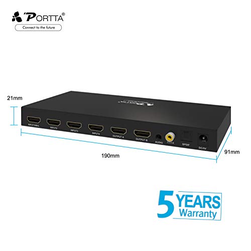 Portta HDMI 4x2 Matrix Switch Splitter UHD 4K x 2K@30Hz Conmutador/Distribuidor con SPDIF/Toslink/Coaxial y Stereo 3.5mm Jack Audio Extractor Soporte MHL Full 3D con Remoto IR para PS4 Notebook HDTV