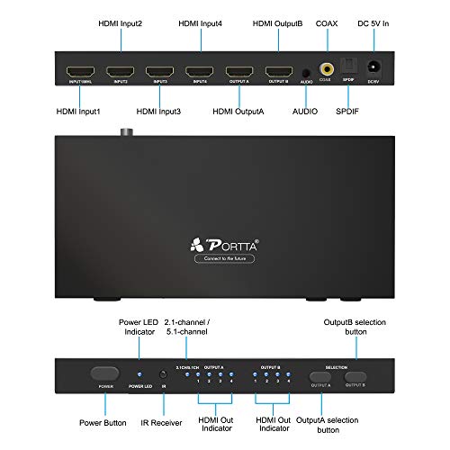 Portta HDMI 4x2 Matrix Switch Splitter UHD 4K x 2K@30Hz Conmutador/Distribuidor con SPDIF/Toslink/Coaxial y Stereo 3.5mm Jack Audio Extractor Soporte MHL Full 3D con Remoto IR para PS4 Notebook HDTV