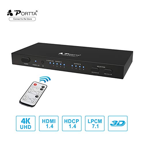 Portta HDMI 4x2 Matrix Switch Splitter UHD 4K x 2K@30Hz Conmutador/Distribuidor con SPDIF/Toslink/Coaxial y Stereo 3.5mm Jack Audio Extractor Soporte MHL Full 3D con Remoto IR para PS4 Notebook HDTV