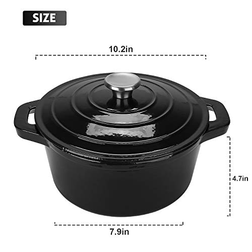 Puricon Horno Holandés Hierro Fundido Esmaltado 26 cm, Olla Francesa de Esmalto Antiadherente 5,2 litros para Cazuela con Tapa Redonda -Negro