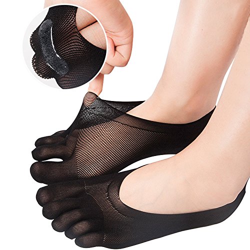 REKYO De Las Mujeres Del Dedo Del Pie De Cinco Dedos Calcetines Suave Y Transpirable Escotados Calcetines De Las Medias De Seda Para Las Niñas Mujeres (negro-5)