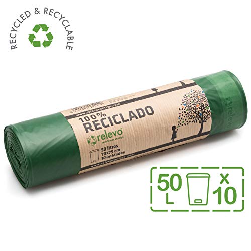 Relevo 100% Reciclado Bolsas de Basura, extra resistentes 50 L, 10 bolsas