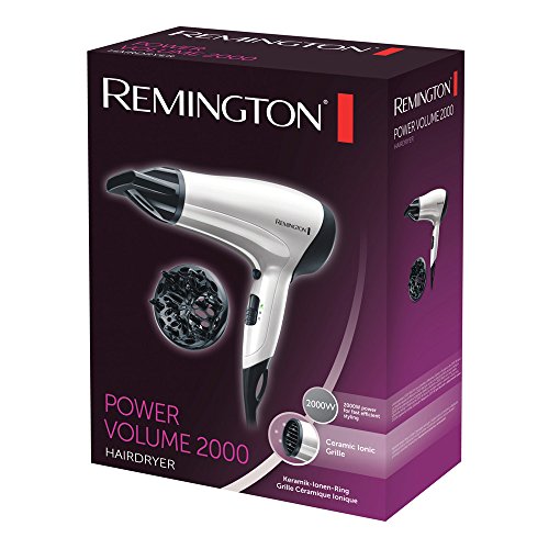 Remington Power Volume D3015 - Secador de Pelo, Secador Compacto, Difusor y Concentrador, 2000 W, Rejilla de Cerámica Iónica Antiestática, Blanco y Negro