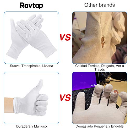 Rovtop 10 Pares Guantes de Tela de Algodón - Guantes Hidratantes Blancos de Algodón para Inspeccionar Joyas, Humectantes para Manos Secas y Trabajo Diario（XL, 9.8 Pulgadas）