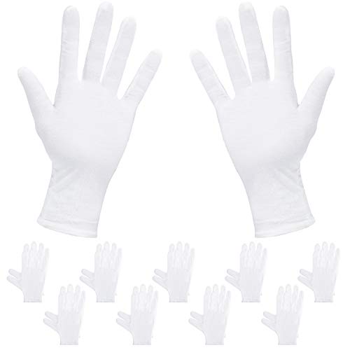 Rovtop 10 Pares Guantes de Tela de Algodón - Guantes Hidratantes Blancos de Algodón para Inspeccionar Joyas, Humectantes para Manos Secas y Trabajo Diario（XL, 9.8 Pulgadas）