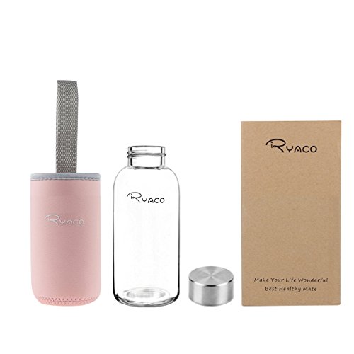 Ryaco Botella de Agua Cristal 360ml, Botella de Agua Reutilizable 12 oz, Sin BPA Antideslizante Protección Neopreno Llevar Manga con Acero Inoxidable Tapas Elegante de Borosilicato Botella