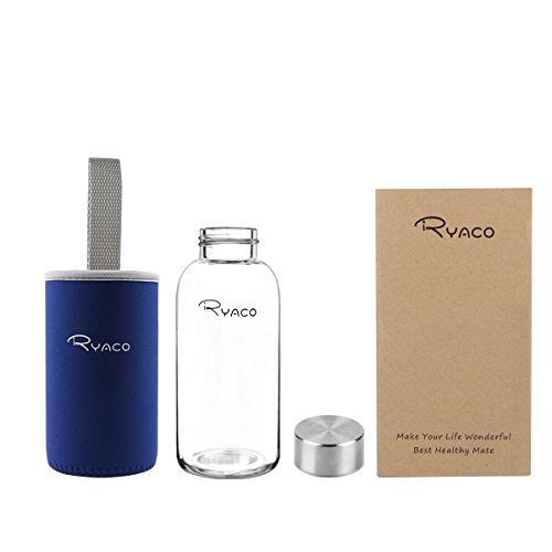 Ryaco Botella de Agua Cristal 360ml, Botella de Agua Reutilizable 12 oz, Sin BPA Antideslizante Protección Neopreno Llevar Manga con Acero Inoxidable Tapas Elegante de Borosilicato Botella