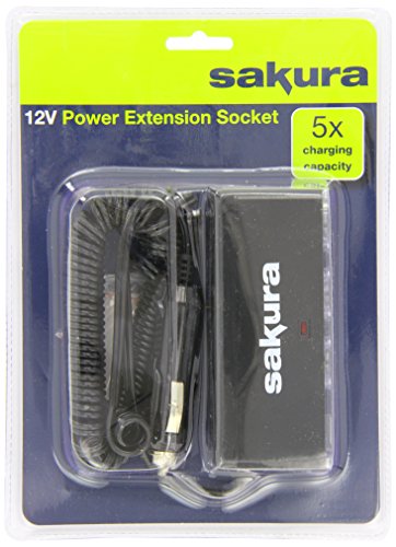 Sakura SS5105 Alargador para mechero de coche, 12V, 3 Enchufes de Mechero y 2 Puertos USB