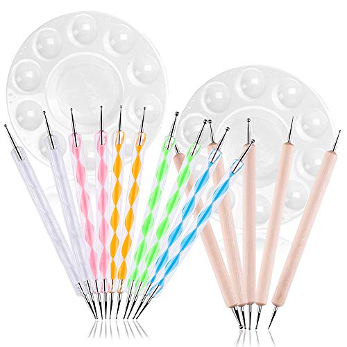 Senhai 15 piezas Herramientas de puntos Y 2 piezas Paletas redondas, Estiletes de bolas Manicura Belleza Dot Pen Herramienta Bandeja de pintura Kits para cerámica Arcilla Modelado Realce Uña Art º