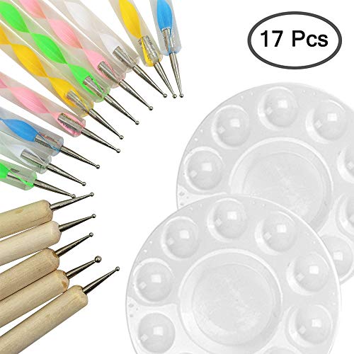 Senhai 15 piezas Herramientas de puntos Y 2 piezas Paletas redondas, Estiletes de bolas Manicura Belleza Dot Pen Herramienta Bandeja de pintura Kits para cerámica Arcilla Modelado Realce Uña Art º