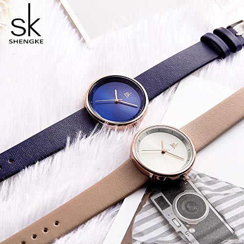 Shengke - Reloj de pulsera minimalista para mujer, correa de piel, cuarzo, analógico, casual, a la moda, para mujer