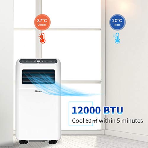 SHINCO 3,5 kW 12000 BTU Aire Acondicionado Portátil, Enfría, Ventila y Deshumidifica, Mando a Distancia, Blanco, [Clase de eficiencia energética A] hasta 60 m²