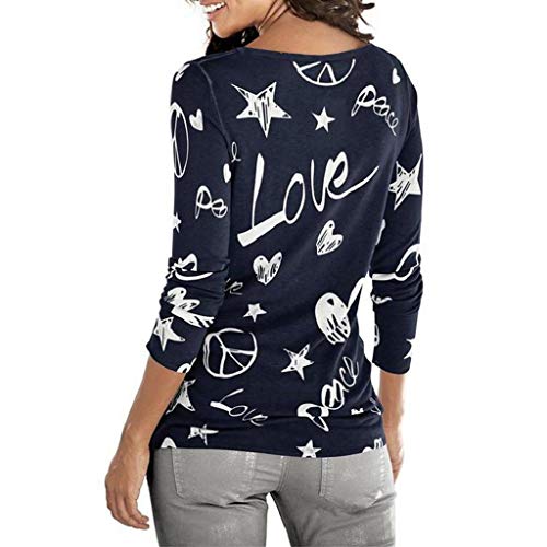 SHOBDW Mujeres Camiseta de Manga Larga con Cuello Redondo y Camisa Impresa Moda Casual Primavera Otoño Blusa Algodón Suelto Tops Sudadera Pullover Camiseta Elegante(Armada,XXL)