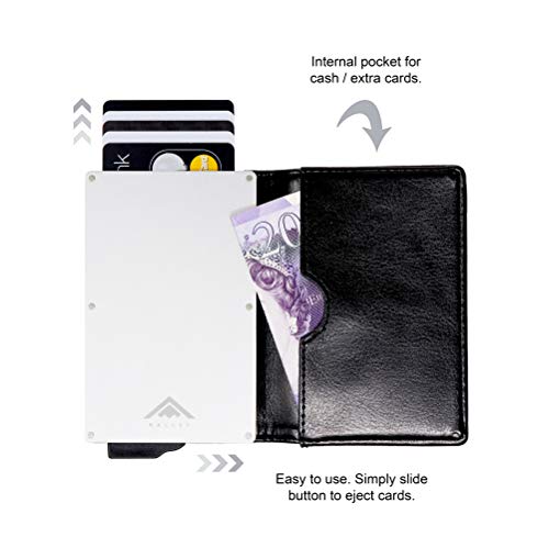 STEALTH WALLET Minimalista Portatarjetas RFID - Carteras de Tarjetas de Crédito Metálicas Delgadas y Livianas con Protección de Bloque NFC (Plata con Cuero Negro)