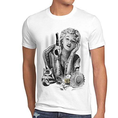 style3 Marilyn Tattoo Heartbreaker Camiseta para Hombre T-Shirt Rock Monroe tatuar USA, Talla:M, Color:Blanco