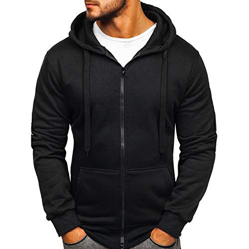 Sudaderas con capucha con cremallera completa para hombre - Casual manga larga sudaderas con capucha colores sólidos sudadera S-2XL Negro Negro ( L