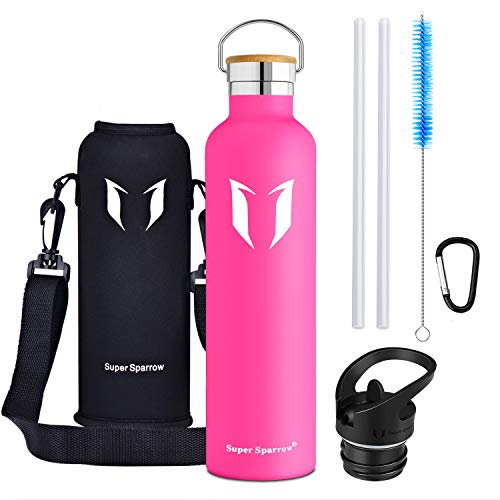 Super Sparrow Botella de Agua aislada al vacío de Acero Inoxidable, diseño de Pared Doble - 1000ml - Sin BPA Gorra Deportiva con Gorra estándar - para Correr, Gimnasio, Yoga, Ciclismo