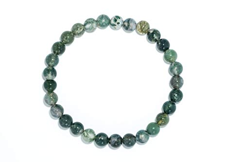 Taddart Minerals – Pulsera verde de piedra natural ágata musgo con bolas de 6 mm en hilo elástico de nailon – hecha a mano