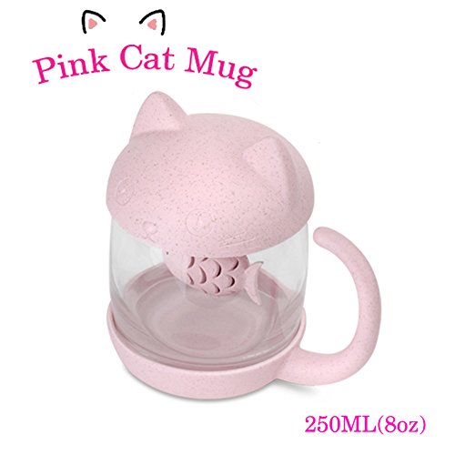 Taza de té de cristal del gato Taza De Agua Bottle-With Fish Tea Filtro filtro de infusión 250ml (8oz) (Rosa)