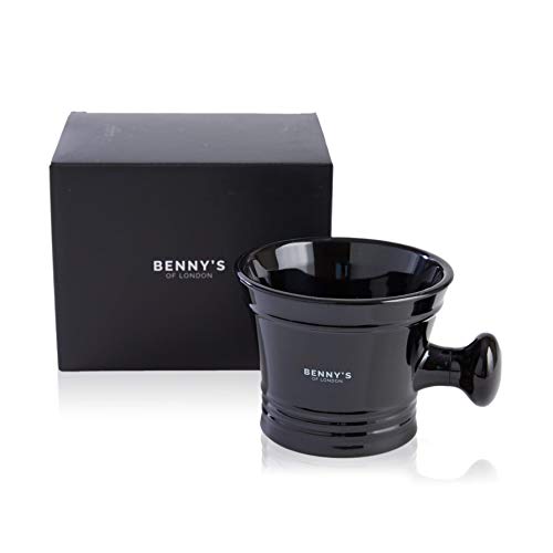 TAZÓN PARA AFEITADO - De Benny's of London - Taza Cerámica Negra para Jabón y Crema de Afeitar – con Agarre Estilo Boticario para Batir la Mejor Espuma de Afeitar con tu Brocha.