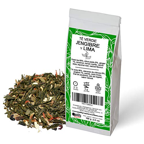 Té verde de Lima y Jengibre. Mezcla de sabor natural de té verde Sencha, sabores cítricos y especias. Ideal para tomar frío o caliente. Antioxidante. 100g