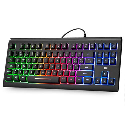 Teclado USB Rii RK104, 88 teclas, teclado ergonómico y retro iluminado multicolor, antighostling. Ideal para Gsming y trabajo. Color negro. Layout Español.