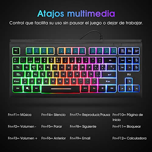 Teclado USB Rii RK104, 88 teclas, teclado ergonómico y retro iluminado multicolor, antighostling. Ideal para Gsming y trabajo. Color negro. Layout Español.