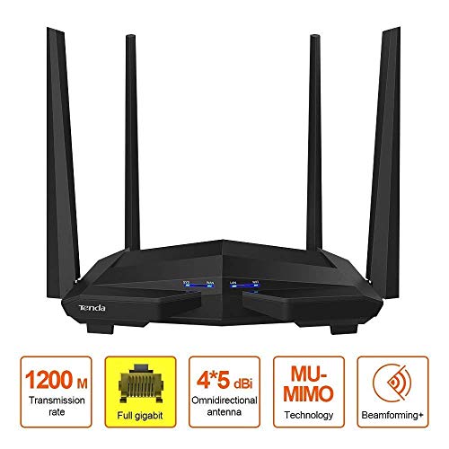 Tenda ac10 router wifi inalámbrico gigabit ac1200 (doble banda 5ghz 867 mbps 2,4 ghz 300 mbps, 4 antenas 5 dbi, chip broadcom 1ghz, memoria ddr3, gaming, beamforming +, control app, 802.11 ac).