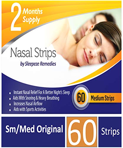 Tiras nasales mediana x60 | Dilatador nasal Sleepeze Remedies® para dejar de roncar y ayudar a breathe | Tiras nasales anti ronquidos de calidad Premium que evitan la apnea del sueño y la congestión nasal | 12 meses de garantía