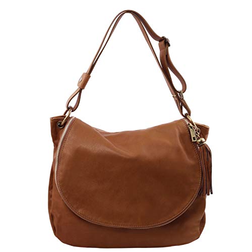 Tuscany Leather TLBag Bolso en Piel Suave con Borla y Bandolera Canela