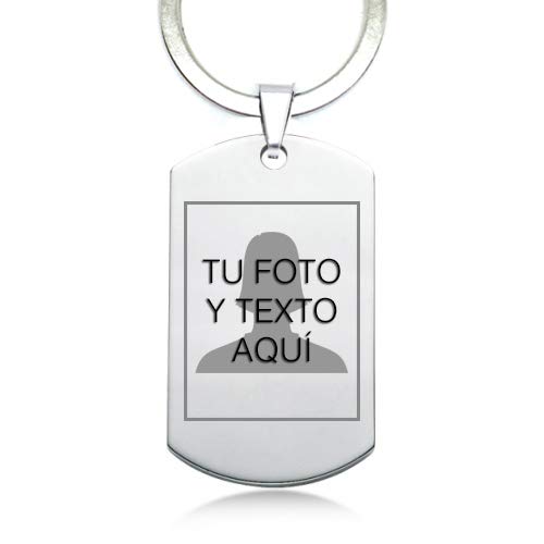 TusPlacas Llavero con Foto Personalizada, Chapa de Acero Inoxidable Grabada con Texto e Imagen - Estilo Chapas Militares - Incluye Bolsita de Tela y Anilla de Llavero (Plateado)