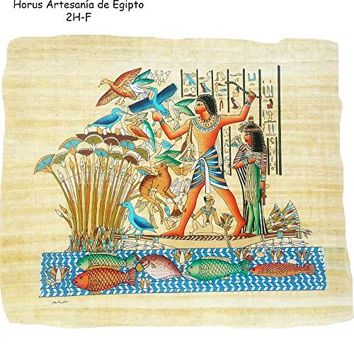 TUT ANK Amon con su Mujer en una Barca en el Nilo sobre un papiro Original Hecho y Pintado a Mano en Egipto, 33x43 cm Ref.2H-F