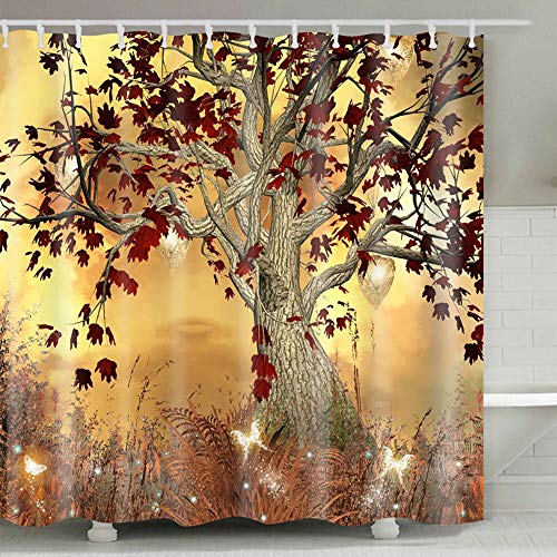 ufengke Cortinas de Ducha Arbol de la Vida con 12 Ganchos Marrón Cortina de Ducha de Tejido Prueba de Moho Impermeable al Baño 180x180cm