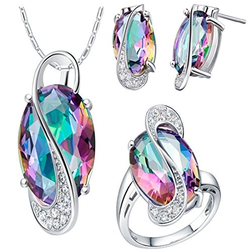 Uloveido Pendientes de Boda chapados en Oro Blanco para Mujer Espárragos Colgante Collar y Anillo Conjunto de Joyas para Mujeres Boda con Cristales de Arco Iris Joyas para niñas T472