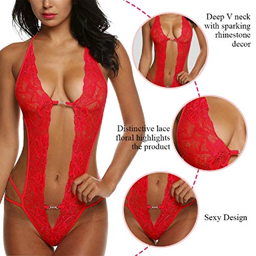 UMIPUBO Mujer Ropa de Dormir Conjunto Sexy Transparente Lingerie Escotado por Detrás Lace Lenceria Erotica Babydoll Ropa Interior (Rojo)