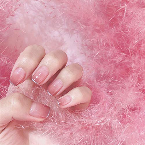 Uñas postizas Yienate gris rosa degradado borde plateado corto cabeza cuadrada uñas francés cubierta completa uñas uñas uñas postizas uñas para mujeres y niñas 24 piezas