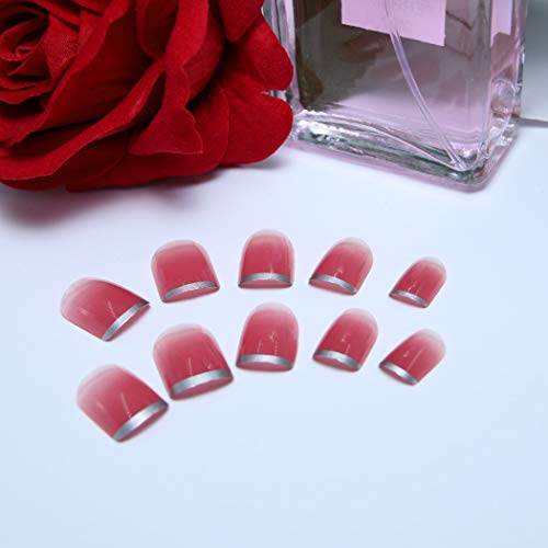 Uñas postizas Yienate gris rosa degradado borde plateado corto cabeza cuadrada uñas francés cubierta completa uñas uñas uñas postizas uñas para mujeres y niñas 24 piezas