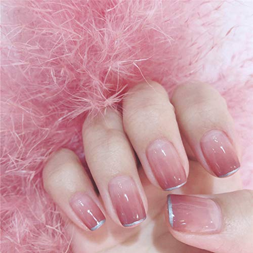 Uñas postizas Yienate gris rosa degradado borde plateado corto cabeza cuadrada uñas francés cubierta completa uñas uñas uñas postizas uñas para mujeres y niñas 24 piezas