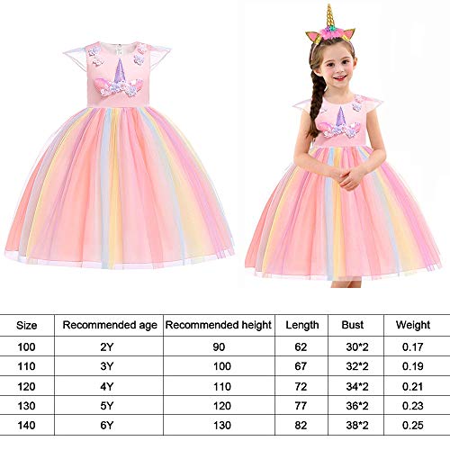 URAQT Disfraz de Princesa, Traje del Vestido Traje de Princesa de la Nieve Vestido Infantil Disfraz de Princesa de Niñas para Frozen Themed Fiesta Cumpleaños Navidad Halloween Arcoiris 100 cm