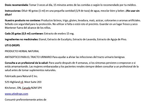 UTI E-Drops Tratamiento Natural para la Infección del Tracto Urinario. Elimina con Rapidez Ardor Picazón y Malestar de Infección de Orina. Concentración del Extracto de Enebro Eficaz Contra Bacterias