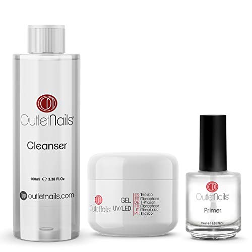 UV Gel Trifasico 3en1 50ml + Primer 15ml sin acido + Limpiador para uñas 100ml Cherry | Para uñas de gel de Outlet Nails