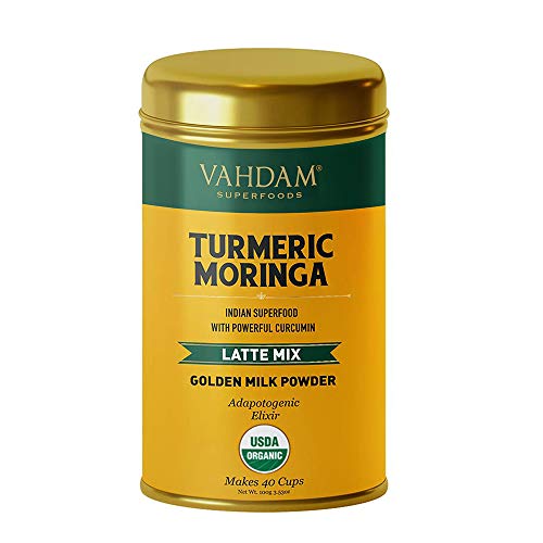 VAHDAM, Orgánico Cúrcuma + Moringa Latte, 40 Tazas (100g) | Dorada Leche Polvo Con Potente Curcumina | Polvo De Cúrcuma + Moringa | Latte De Cúrcuma | Té De Cúrcuma | Preparar Caliente O Helado