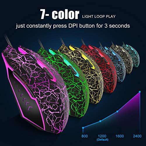 VGUARD Ratón Gaming con Cable, 4 DPI Adjustables hasta 2400, Gaming Mouse Óptico, Ratón Ergonómico Óptico RGB con 6 Botones y LED 7 Colores para PC, Portátil. (Versión Mejorada) - Negro