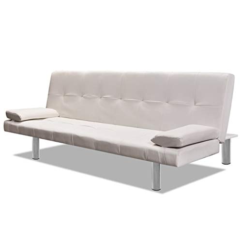 vidaXL Sofá Cama Reclinable con 2 Cojines Madera Cuero Sintético Blanco Crema