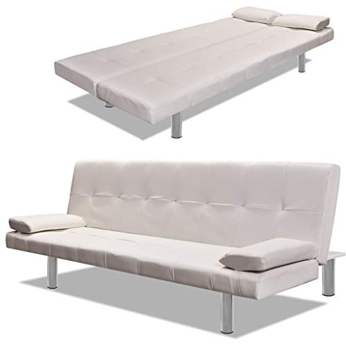 vidaXL Sofá Cama Reclinable con 2 Cojines Madera Cuero Sintético Blanco Crema