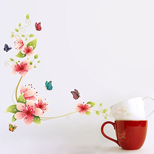 Vinilo Adhesivo para Pared con diseño de Mariposas y Flores Rosas, de 64 x 62 cm