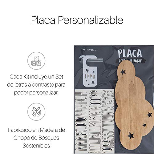 VINTIUN Nombre para Puerta Habitación Infantil. Placa Decorativa Personalizada para Bebé, Niño o Niña. Regalo Original para niños o Bebes. (Madera, Adhesivo Nube)