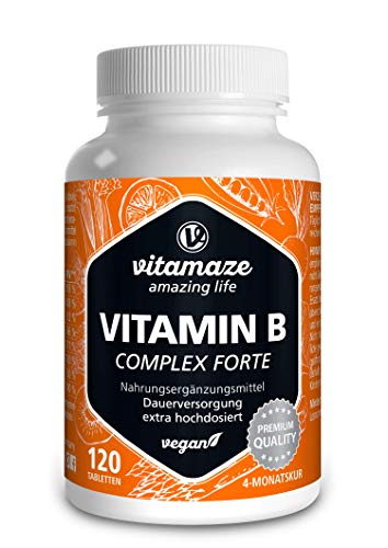 Vitamina B Complex, altamente concentrada, 120 comprimidos veganos, todas las vitaminas B sin estearato de magnesio, con calidad alemana premium