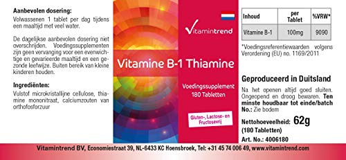 Vitamina B1 Tiamina 100mg –Bote para ¡6 MESES! – 180 comprimidos de vitamina B – altas dosis de tiamina – para el metabolismo– energía