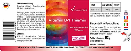 Vitamina B1 Tiamina 100mg –Bote para ¡6 MESES! – 180 comprimidos de vitamina B – altas dosis de tiamina – para el metabolismo– energía